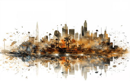 Chicago Skyline on Fire with Paint Splashes.の素材
