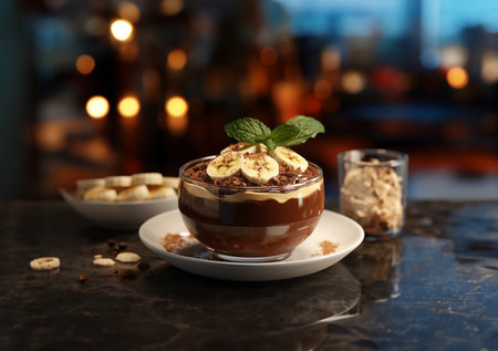 Delicious chocolate pudding with banana and mint on table, closeupの素材