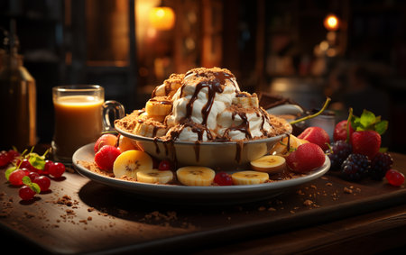 Chocolate ice cream sundae with fresh fruits and chocolate syrup.の素材