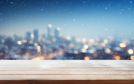 Wooden table top on blur cityscape background - can be used for display or montage your productsの素材
