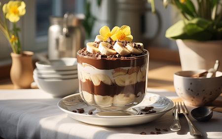Delicious tiramisu dessert in glass cup on table, closeupの素材