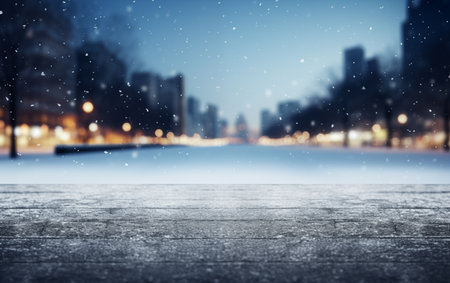 Wooden floor with snowfall in the city. Blurred background.の素材