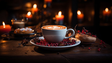 Cup of coffee with latte art on wooden table in dark roomの素材