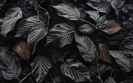 Black and white leaves texture background. Top view, flat lay.の素材