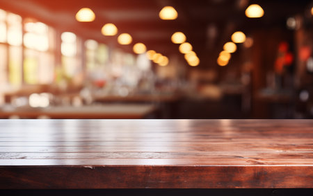 Empty wooden table and coffee shop blur background with bokeh image.の素材