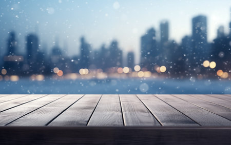 Wooden table against view of the city during a snowfall.の素材
