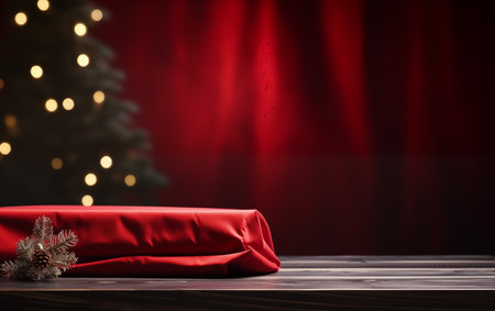 Christmas tree and presents on wooden table against red curtain with copy spaceの素材