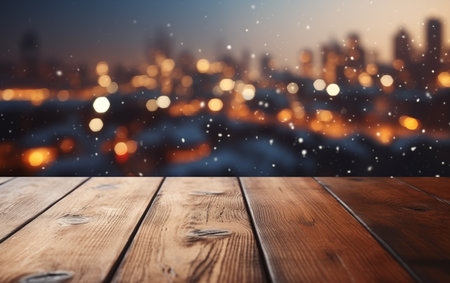 Wooden table against view of snow falling over city during Christmasの素材