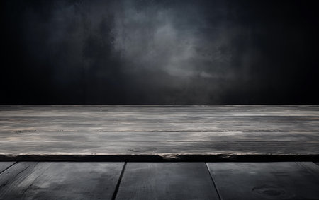 Wooden floor in front of a dark wall with smoke and fogの素材