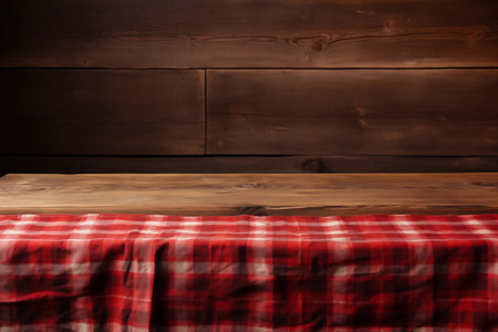 Empty wooden table and red checkered tablecloth over wooden backgroundの素材
