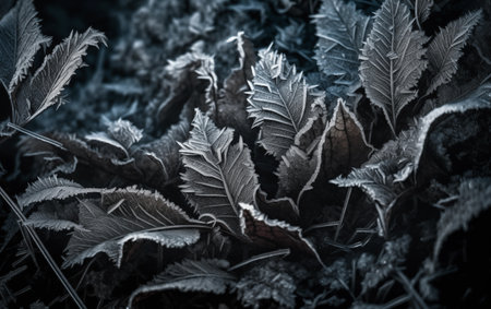 Frosted leaves in the forest. Close up. Toned.の素材