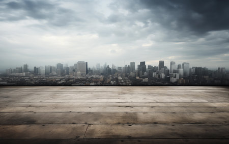 Empty wooden floor with modern cityscape background, business and financial conceptの素材