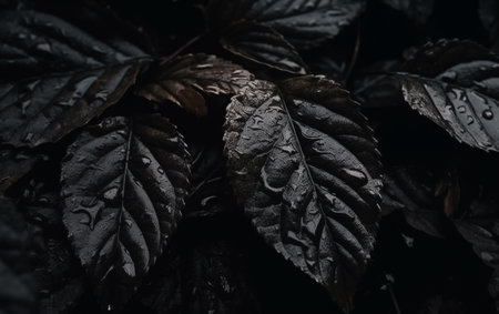 Beautiful black leaves with drops of water on a dark background.の素材