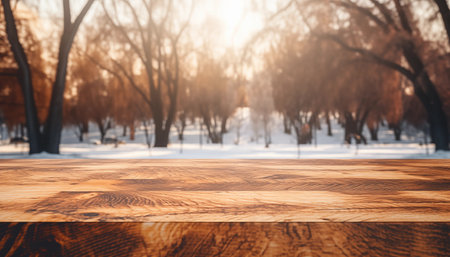 Empty wooden table for product display montages. Winter nature background.の素材