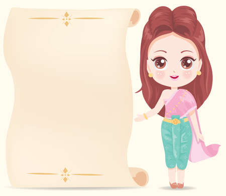 The girl wears Thai costume with presentation boardのイラスト素材