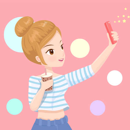 The girl is taking a selfieのイラスト素材