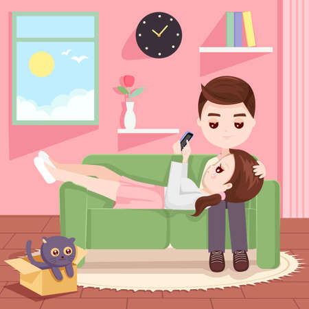 Relaxing holiday in a pastel pink roomのイラスト素材