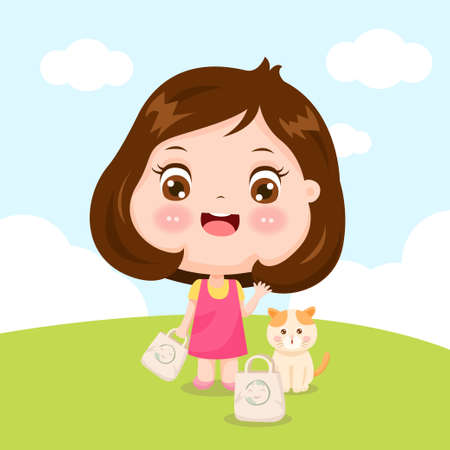 Girl and cat campaign using cloth bagsのイラスト素材
