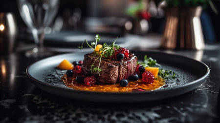 A mouth-watering and perfectly cooked steak on a plate, served with a side of vegetables and potatoes. The juices are oozing out of the steak, making it irresistible. Perfect for a dinner party or a special occasion, Ai Genneratedの素材