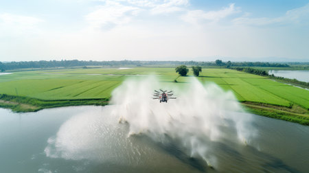 This stunning aerial photograph captures a drone flying over lush green farmland on a sunny day. The drone is seen splashing water on the crops, which are beautifully contrasted against the bright blue sky. This image perfectly captures the beauty and efficiency of modern agricultural practices., Ai Genneratedの素材