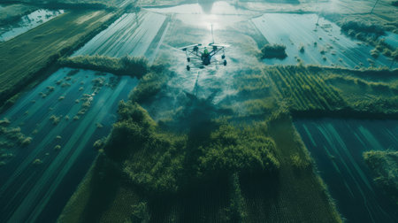 This stunning aerial photograph captures a drone flying over lush green farmland on a sunny day. The drone is seen splashing water on the crops, which are beautifully contrasted against the bright blue sky. This image perfectly captures the beauty and efficiency of modern agricultural practices., Ai Genneratedの素材