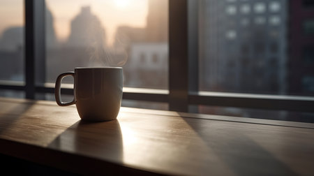 A cozy and inviting scene featuring a mug of freshly brewed coffee sitting on a windowsill with a view outside. The warm lighting and steam rising from the cup create a comforting atmosphere. Perfect for coffee lovers and home decor themes, Ai Genneratedの素材