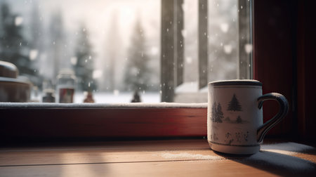 A cozy and inviting scene featuring a mug of freshly brewed coffee sitting on a windowsill with a view outside. The warm lighting and steam rising from the cup create a comforting atmosphere. Perfect for coffee lovers and home decor themes, Ai Genneratedの素材