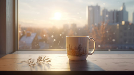 A cozy and inviting scene featuring a mug of freshly brewed coffee sitting on a windowsill with a view outside. The warm lighting and steam rising from the cup create a comforting atmosphere. Perfect for coffee lovers and home decor themes, Ai Genneratedの素材