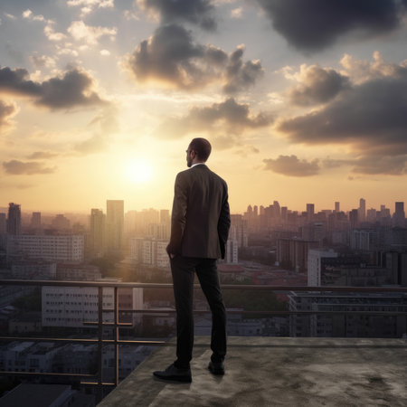 A confident businessman stands on the rooftop of a building and looks out at the stunning silhouette of a cityscape at sunrise or sunset. He exudes confidence and success, with his well-tailored suit and tie blowing in the wind. The image represents determination, ambition, and the pursuit of success, Ai Genneratedの素材