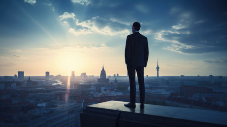 A confident businessman stands on the rooftop of a building and looks out at the stunning silhouette of a cityscape at sunrise or sunset. He exudes confidence and success, with his well-tailored suit and tie blowing in the wind. The image represents determination, ambition, and the pursuit of success, Ai Genneratedの素材