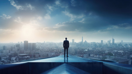 A confident businessman stands on the rooftop of a building and looks out at the stunning silhouette of a cityscape at sunrise or sunset. He exudes confidence and success, with his well-tailored suit and tie blowing in the wind. The image represents determination, ambition, and the pursuit of success, Ai Genneratedの素材