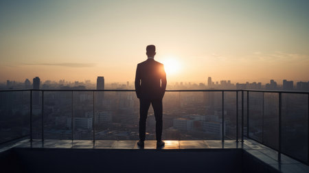 A confident businessman stands on the rooftop of a building and looks out at the stunning silhouette of a cityscape at sunrise or sunset. He exudes confidence and success, with his well-tailored suit and tie blowing in the wind. The image represents determination, ambition, and the pursuit of success, Ai Genneratedの素材