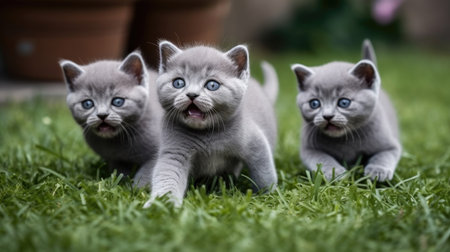 A group of cute and curious British Shorthair kittens playing outside in the sun. The adorable felines are exploring their surroundings, chasing each other, and pouncing on toys. These fluffy and energetic cats are sure to brighten up any day with their playful antics, Ai Genneratedの素材