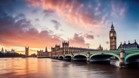 This stunning image captures the iconic Big Ben clock tower and Houses of Parliament in London, UK, against a dramatic sky. The architecture is beautifully detailed, with the ornate stonework and Gothic arches providing a sense of grandeur and history. A must-see for any fan of British landmarks and architecture, Ai Genneratedの素材