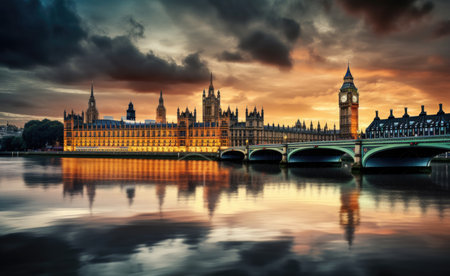 This stunning image captures the iconic Big Ben clock tower and Houses of Parliament in London, UK, against a dramatic sky. The architecture is beautifully detailed, with the ornate stonework and Gothic arches providing a sense of grandeur and history. A must-see for any fan of British landmarks and architecture, Ai Genneratedの素材