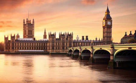 This stunning image captures the iconic Big Ben clock tower and Houses of Parliament in London, UK, against a dramatic sky. The architecture is beautifully detailed, with the ornate stonework and Gothic arches providing a sense of grandeur and history. A must-see for any fan of British landmarks and architecture, Ai Genneratedの素材