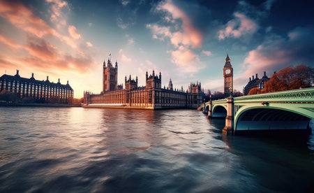 This stunning image captures the iconic Big Ben clock tower and Houses of Parliament in London, UK, against a dramatic sky. The architecture is beautifully detailed, with the ornate stonework and Gothic arches providing a sense of grandeur and history. A must-see for any fan of British landmarks and architecture, Ai Genneratedの素材