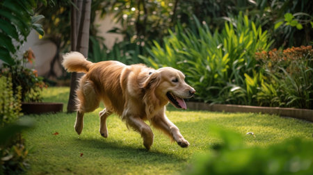 A golden retriever puppy is playing in the grass. The puppy is running around and having fun. The puppy is full of energy and is enjoying the sunshine. The puppy is a beautiful golden color and has a soft, fluffy coat. The puppy is a perfect addition to any family and would make a great pet.smile face , Ai Genneratedの素材