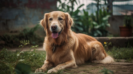 A golden retriever puppy is playing in the grass. The puppy is running around and having fun. The puppy is full of energy and is enjoying the sunshine. The puppy is a beautiful golden color and has a soft, fluffy coat. The puppy is a perfect addition to any family and would make a great pet.smile face , Ai Genneratedの素材
