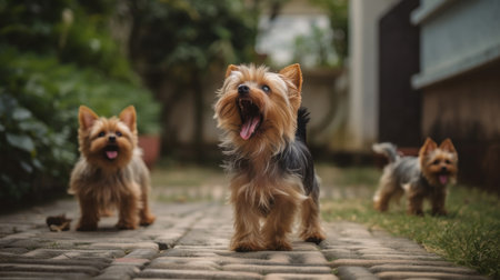 This image features a cute and lively Yorkshire Terrier playing in a backyard and park setting. The dog is seen running, jumping, and playing with a toy, all while looking happy and energetic, Ai Genneratedの素材