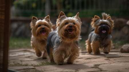 This image features a cute and lively Yorkshire Terrier playing in a backyard and park setting. The dog is seen running, jumping, and playing with a toy, all while looking happy and energetic, Ai Genneratedの素材