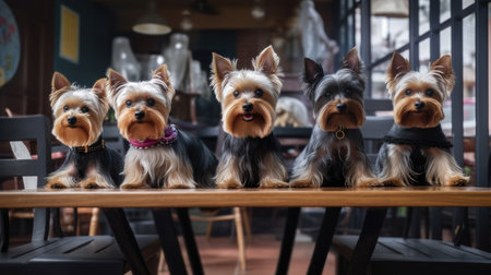 A cute Yorkshire Terrier sitting on a chair in a cozy cafe, with a warm and welcoming atmosphere. The dog is wearing a bowtie and looking at the camera with an adorable expression, Ai Genneratedの素材