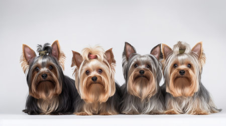 This cute and fluffy Yorkshire Terrier is captured on a simple white background. With its bright eyes and playful expression, it's the perfect image for pet lovers and enthusiasts. Whether you're looking for a portrait of your own furry friend or just a beautiful image to decorate your space, this photo is sure to delight , Ai Genneratedの素材