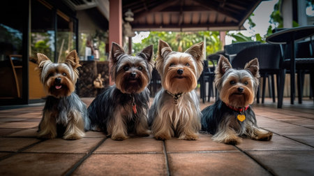 A cute Yorkshire Terrier sitting on a chair in a cozy cafe, with a warm and welcoming atmosphere. The dog is wearing a bowtie and looking at the camera with an adorable expression, Ai Genneratedの素材