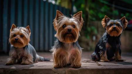 This image features a cute and lively Yorkshire Terrier playing in a backyard and park setting. The dog is seen running, jumping, and playing with a toy, all while looking happy and energetic, Ai Genneratedの素材