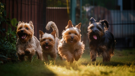 This image features a cute and lively Yorkshire Terrier playing in a backyard and park setting. The dog is seen running, jumping, and playing with a toy, all while looking happy and energetic, Ai Genneratedの素材
