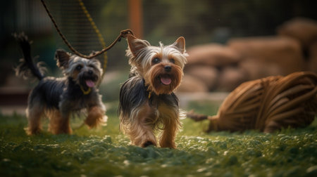 This image features a cute and lively Yorkshire Terrier playing in a backyard and park setting. The dog is seen running, jumping, and playing with a toy, all while looking happy and energetic, Ai Genneratedの素材