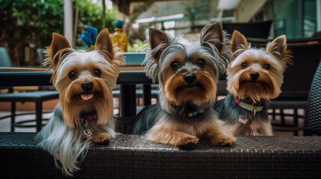 A cute Yorkshire Terrier sitting on a chair in a cozy cafe, with a warm and welcoming atmosphere. The dog is wearing a bowtie and looking at the camera with an adorable expression, Ai Genneratedの素材