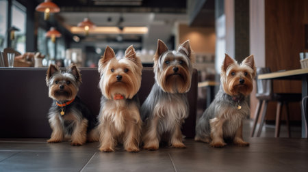 A cute Yorkshire Terrier sitting on a chair in a cozy cafe, with a warm and welcoming atmosphere. The dog is wearing a bowtie and looking at the camera with an adorable expression, Ai Genneratedの素材