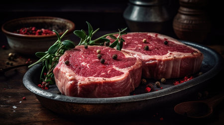 A close-up image of fresh pork steaks arranged on a slate board against a black background. The meat appears juicy and raw, with visible marbling and rich colors, Ai Genneratedの素材